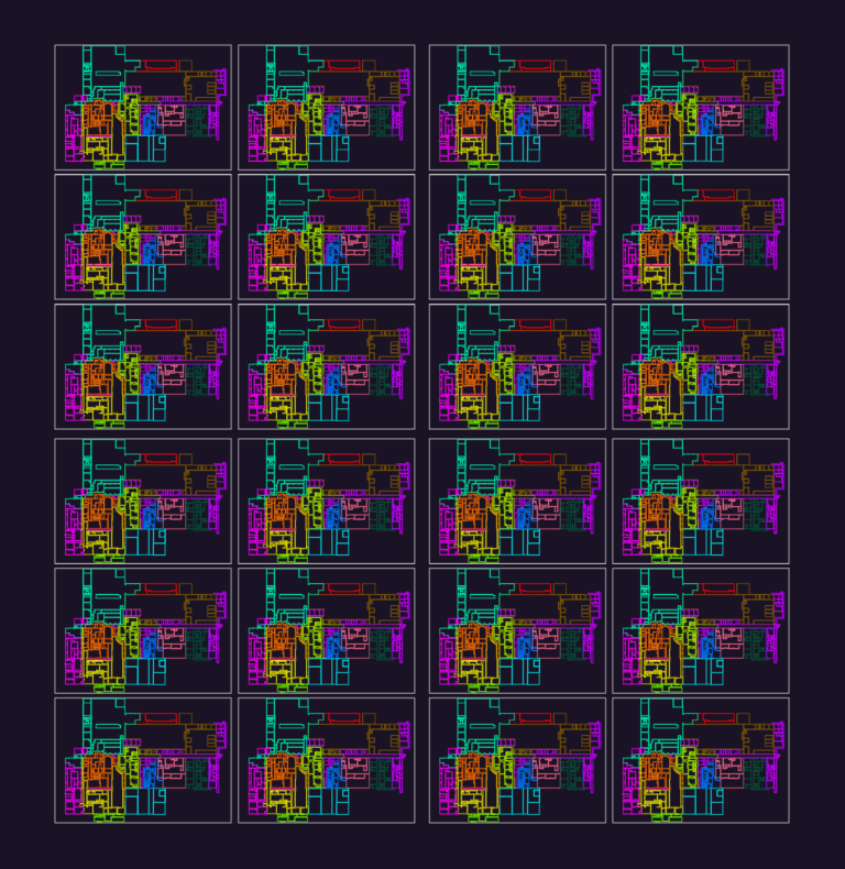 Color-coded 2D floor plan layout of an industrial production facility ground floor with partitioned zones and walkways.