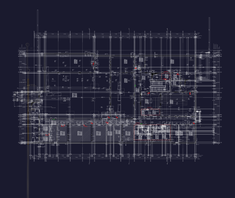 Technical CAD floor plan of a U2 level basement showing service penetrations, floor openings, and grid lines.