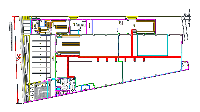 CAD ground floor plan of an industrial supply warehouse featuring offices, labs, storage racking, and parking areas.