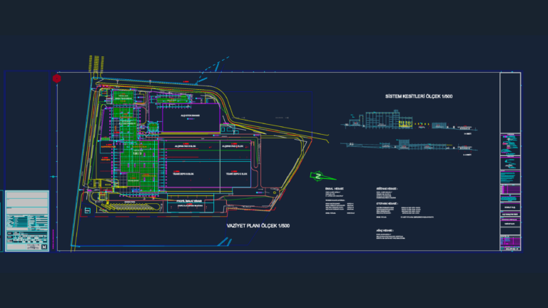 1/500 scale CAD site plan and building sections for an industrial gypsum plaster and drywall manufacturing plant.