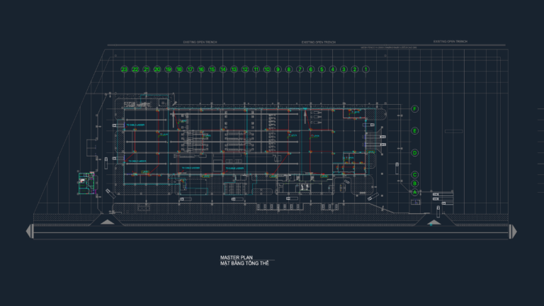 CAD master plan of an industrial factory facility showing emergency lighting, exit signs, and electrical wiring layouts.