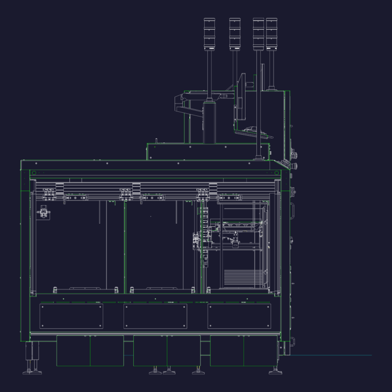 2D front elevation of an IPTE 436750 industrial automation machine assembly including signal towers and internal components.