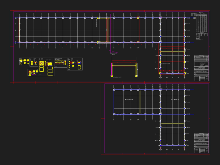 Structural layout and rebar schedules for an L-shaped industrial warehouse foundation with bridge crane details.