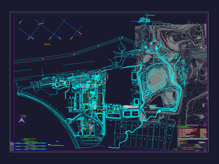 Industrial site master plan CAD drawing showing facility layout, topography contours, and underground fire network.