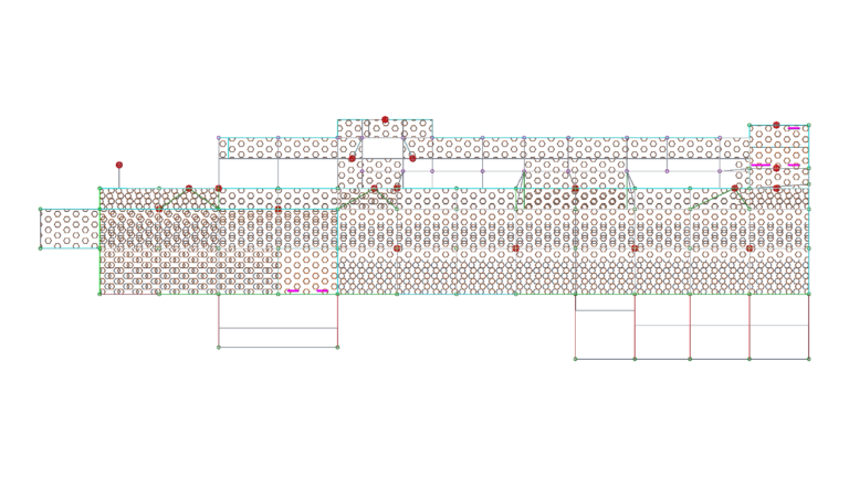 CAD elevation of cooling tower scaffolding layout with safety net patterns and H-beam structural framing details.