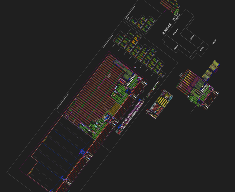 Logistics warehouse floor plan with pallet racking systems, loading docks, and mezzanine office details.