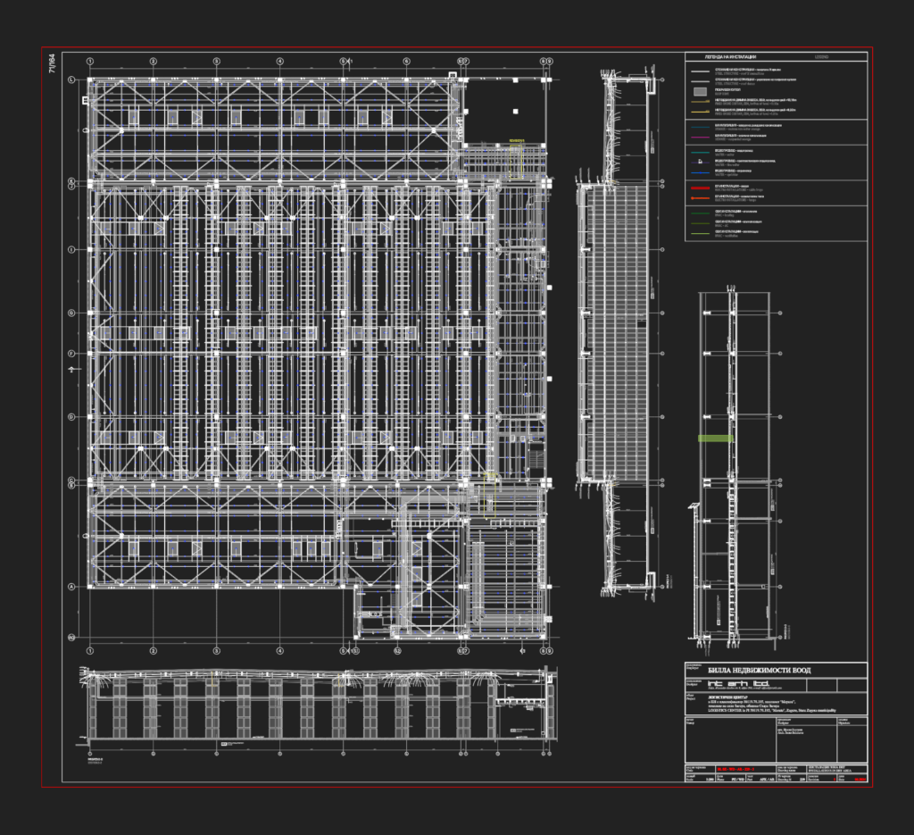 CAD layout of a logistics center dry area showing MEP installations, structural columns, roof bracing, and sections.