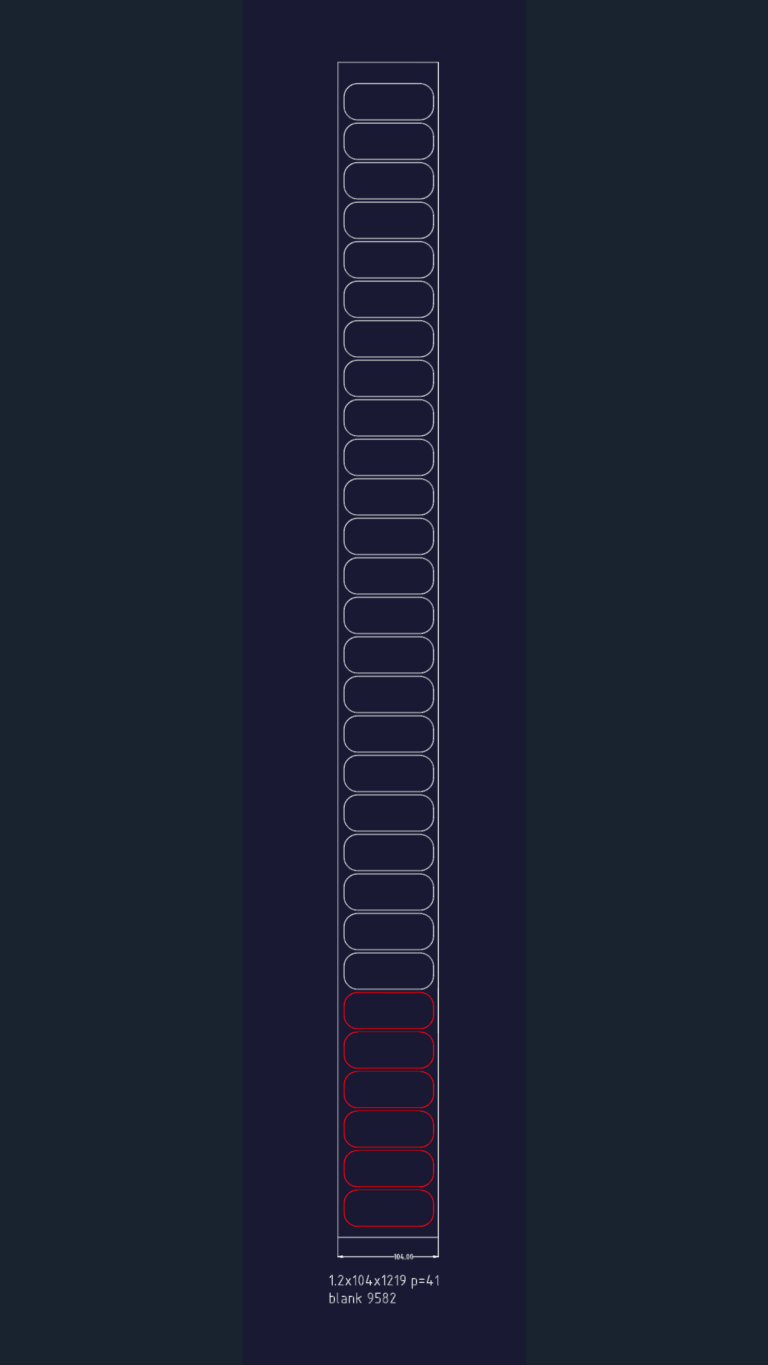 2D CAD drawing of a sheet metal nesting layout for rounded rectangular blanks with fabrication specifications.
