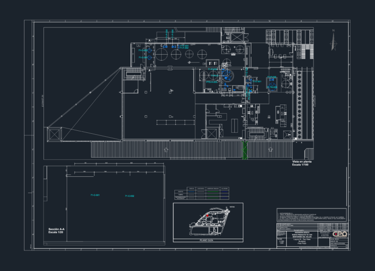 Technical CAD drawing of a chemical plant floor plan and section view with equipment tags and piping legend.