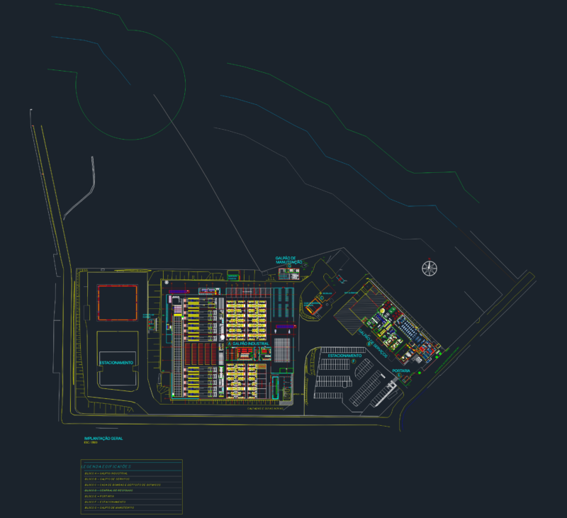 Industrial site plan for manufacturing facility including production layout and service buildings