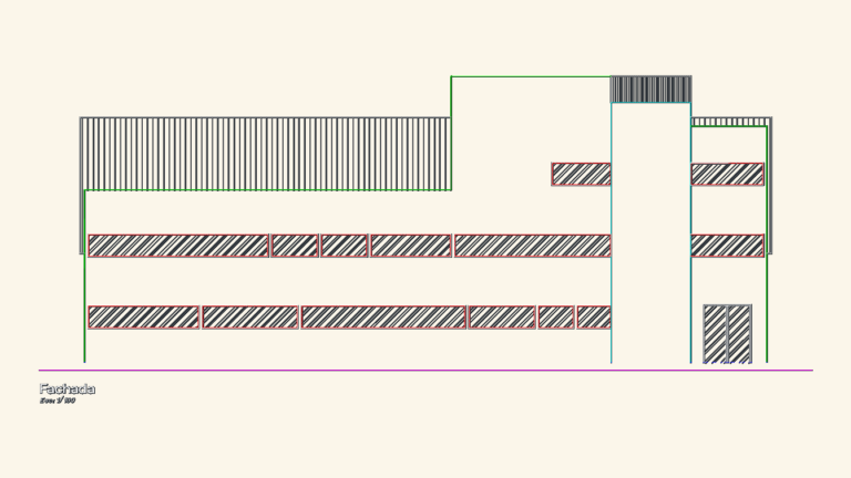 2D architectural elevation drawing of an industrial warehouse facade with ribbon windows.