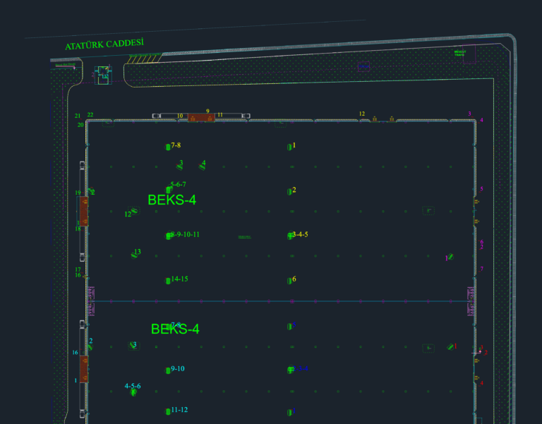 CAD site plan of a 31,500 m² industrial warehouse showing CCTV camera placements and fire detector locations.