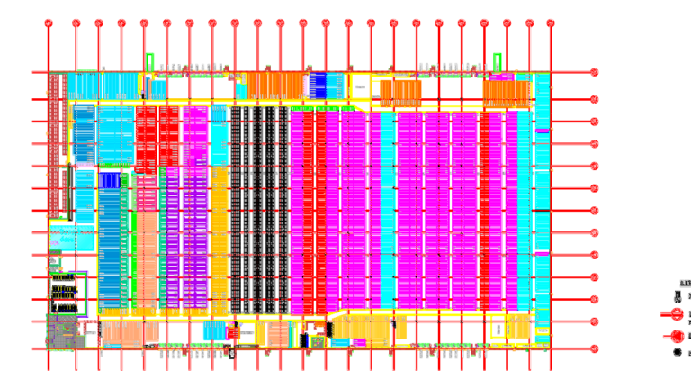 CAD floor plan of an industrial warehouse showing color-coded storage racks, dock doors, and cold storage zones.