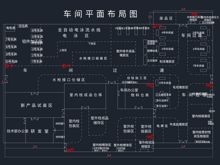 Industrial workshop floor plan CAD drawing showing machine layout, electrophoresis line, and IoT monitoring point markers.