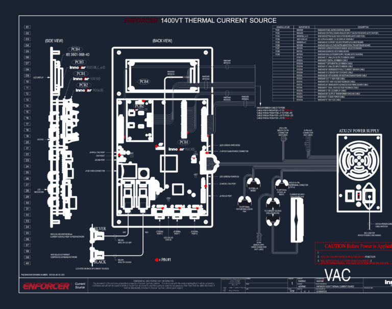 Side and back view elevations of Enforcer 1400VT with annotated PCB layout, wiring paths, and nomenclature table.