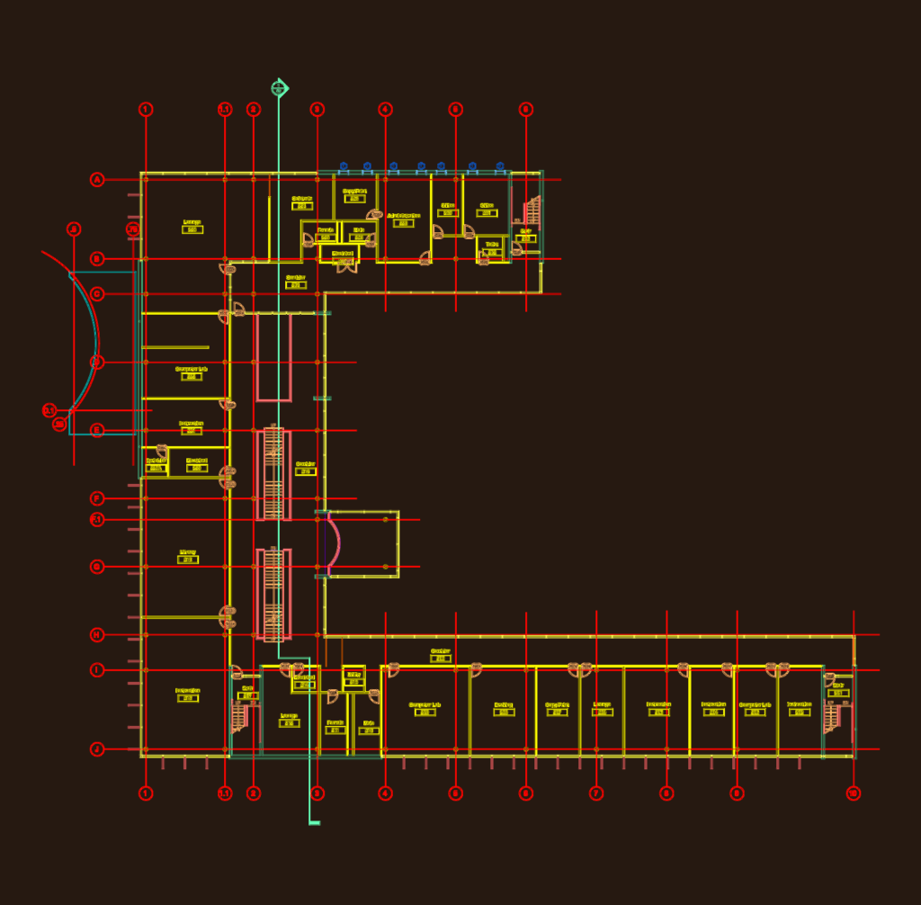 L-shaped institutional floor plan DWG showing computer labs, library, drafting rooms, and red structural grid lines.