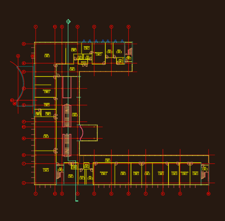 L-shaped institutional floor plan DWG showing computer labs, library, drafting rooms, and red structural grid lines.