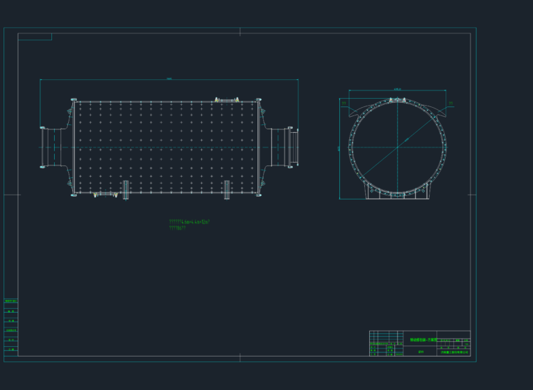 CAD layout showing side and end elevations of a large 12m cylindrical rotating assembly with dimensions.