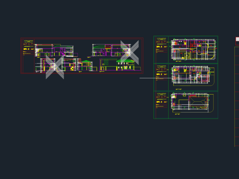 Architectural CAD layouts for an office renovation featuring floor plans, building sections, and elevations.