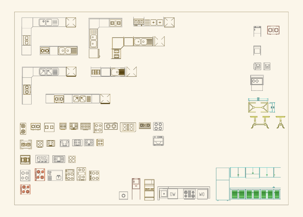 2D CAD library of kitchen appliances, sinks, cooktops, and furniture elevations for interior design plans.