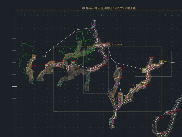 1:2000 scale topographic map of Laizhou Phase 1 Wind Farm showing road layouts, contours, and engineering survey points.