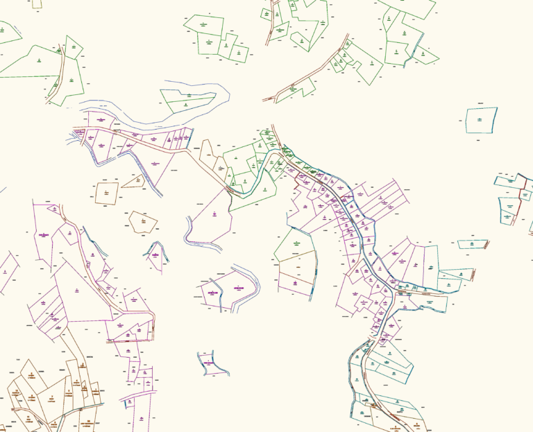 Cadastral land survey map of Indonesian village parcels showing lot boundaries, area measurements, and road paths.