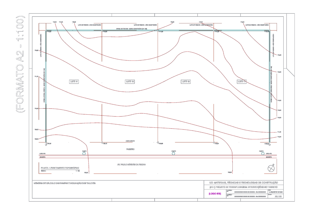 Topographic survey CAD drawing showing lot divisions, elevation contour lines, and street alignment on an A2 layout.