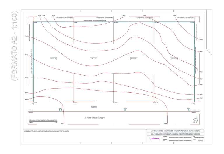 Topographic survey CAD drawing showing lot divisions, elevation contour lines, and street alignment on an A2 layout.