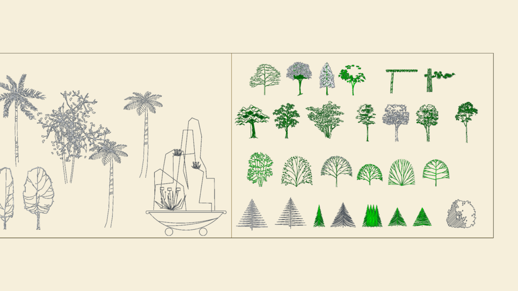 CAD elevation drawings of palm trees, pine trees, deciduous trees, and a rock garden basin.