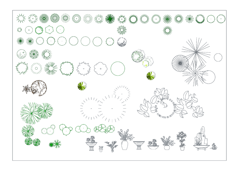Landscape tree plan symbols in wireframe and color with indoor potted plant elevation blocks.
