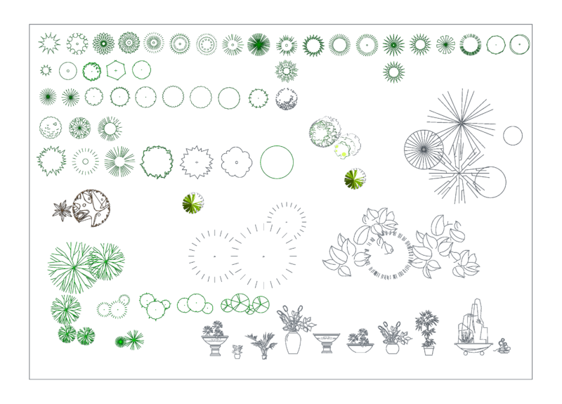 Landscape Tree Plan Views and Potted Plant Elevation Blocks