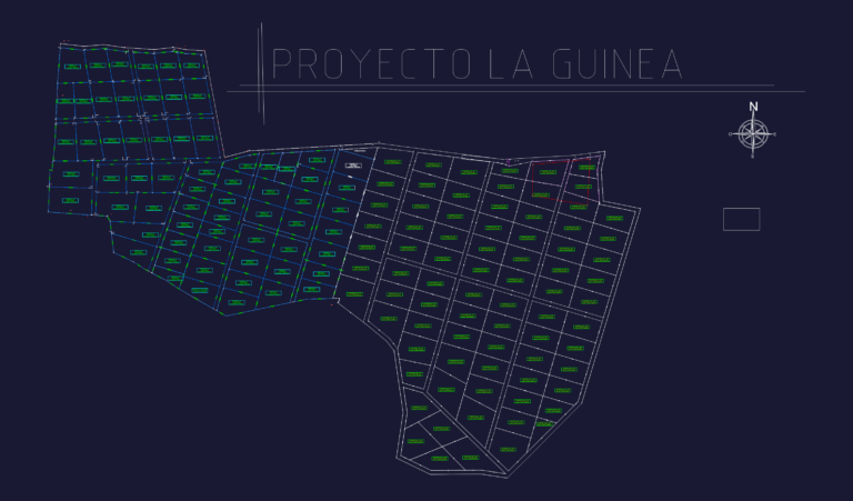 Master plan for La Guinea residential subdivision showing numbered lot parcels, dimensions, and project boundaries.