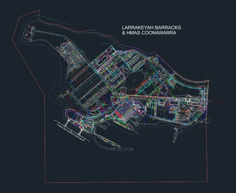 Overhead site plan of Larrakeyah Barracks and HMAS Coonawarra showing colored utility networks and wharf layouts.