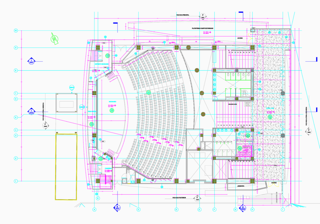 Architectural CAD floor plan of an auditorium with curved seating, stage, foyer area, and technical storage rooms.