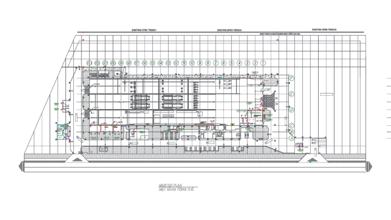 Industrial factory electrical master plan drawing showing site layout, grid lines, and bilingual English-Vietnamese labels.