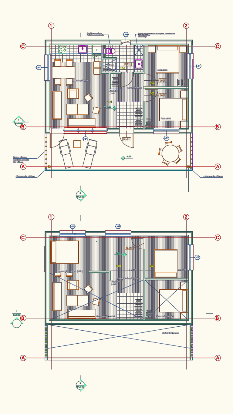 Ground and first floor architectural plans for a two-story cabin showing furniture layouts, stairs, and terrace.