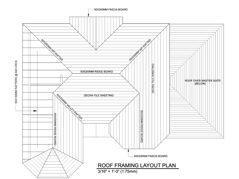 Roof framing layout plan showing hip rafters, ridge boards, and Decra-tile sheeting for a residential house.