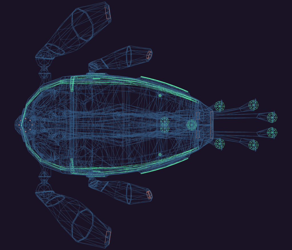 Top view wireframe 3D model of the Aqualim submarine vessel with side flippers and rear thrusters.