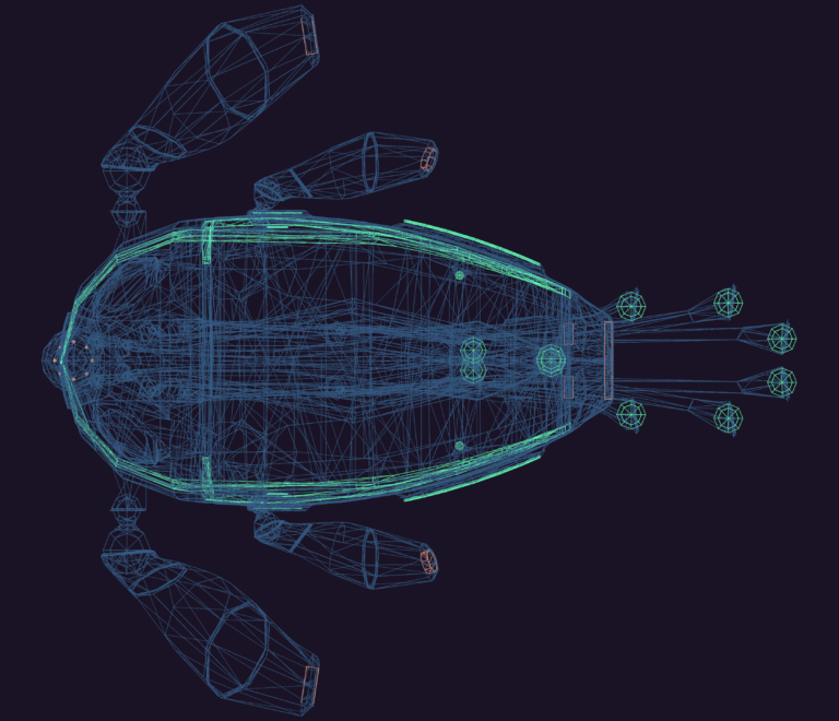 Top view wireframe 3D model of the Aqualim submarine vessel with side flippers and rear thrusters.