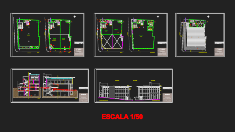 Architectural set for a multi-story commercial building featuring floor plans, building sections, and elevations.