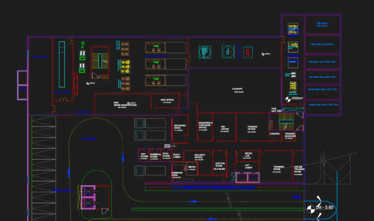 CAD basement floor plan with HVAC plant room, laundry area, MEP utility services, and parking for 42 cars.