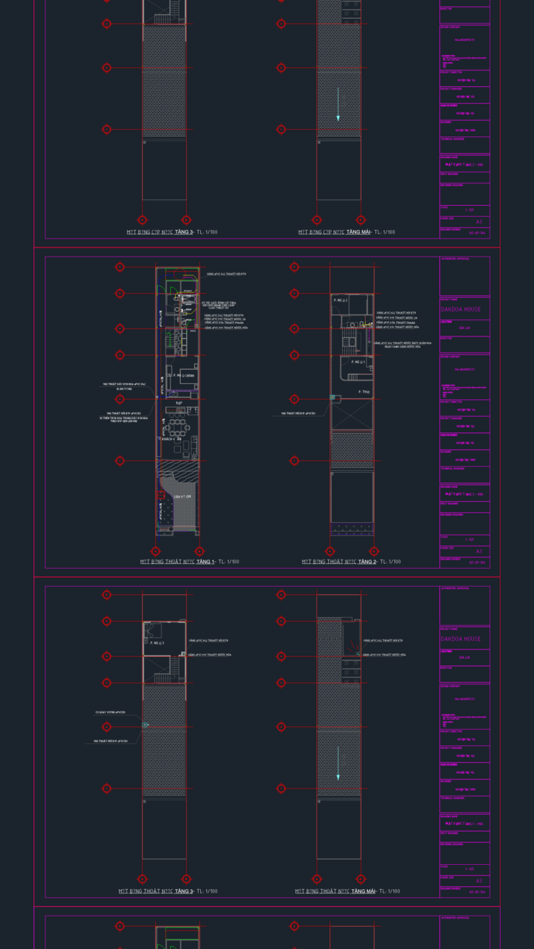 CAD floor plans showing plumbing and drainage layouts for a three-story residential house.