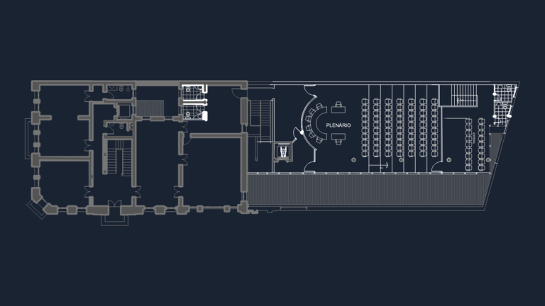 CAD floor plan of a plenary hall showing auditorium seating, waiting areas, staircases, and adjacent office layout.