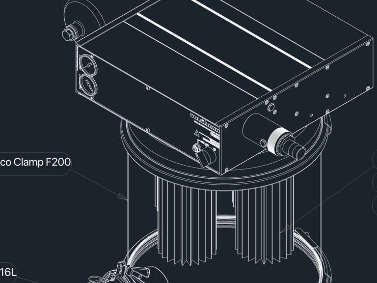 Isometric technical CAD drawing of a Volkmann VS350 G2700 vacuum conveyor with a G2700 multi-ejector vacuum pump.