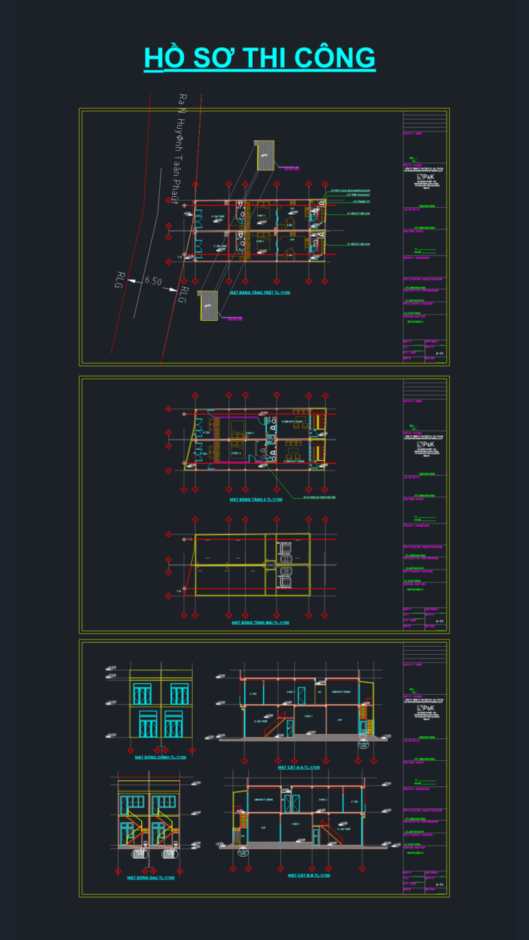 CAD sheets showing townhouse floor plans, front and rear elevations, building sections, and roof plan.
