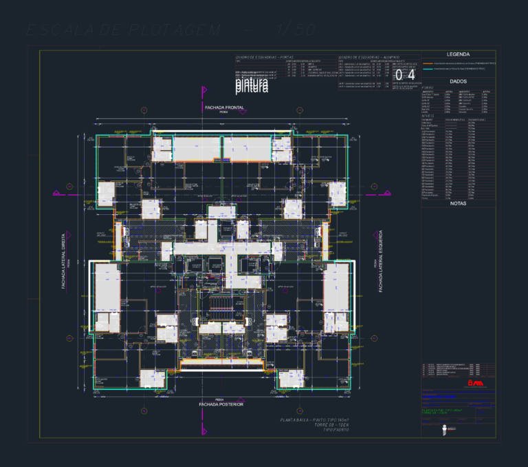 Architectural floor plan of residential tower typical floor with 140m² units, schedules, and floor level data.