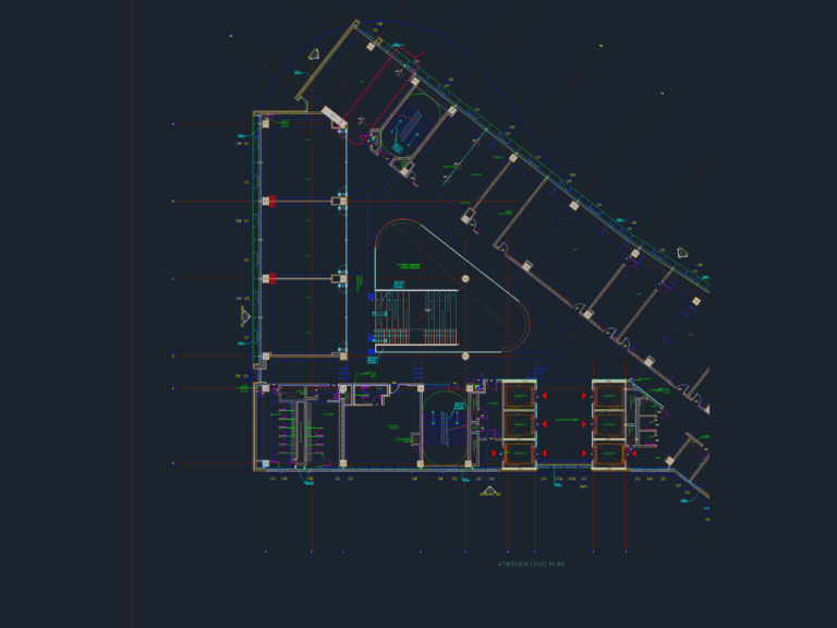 Architectural 6th floor walling plan for a school building showing elevator core, stairs, and structural grid.