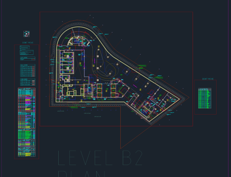 Level B2 basement walling layout plan with masonry wall legends, opening schedules, plant rooms, and parking area.