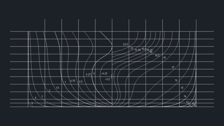 Ship hull body plan CAD drawing showing sections and waterlines.