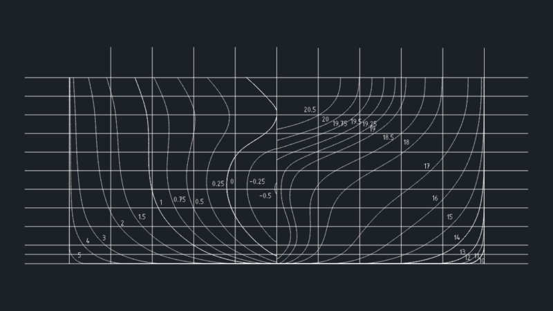 Lines plan for a ship hull with sections and waterlines